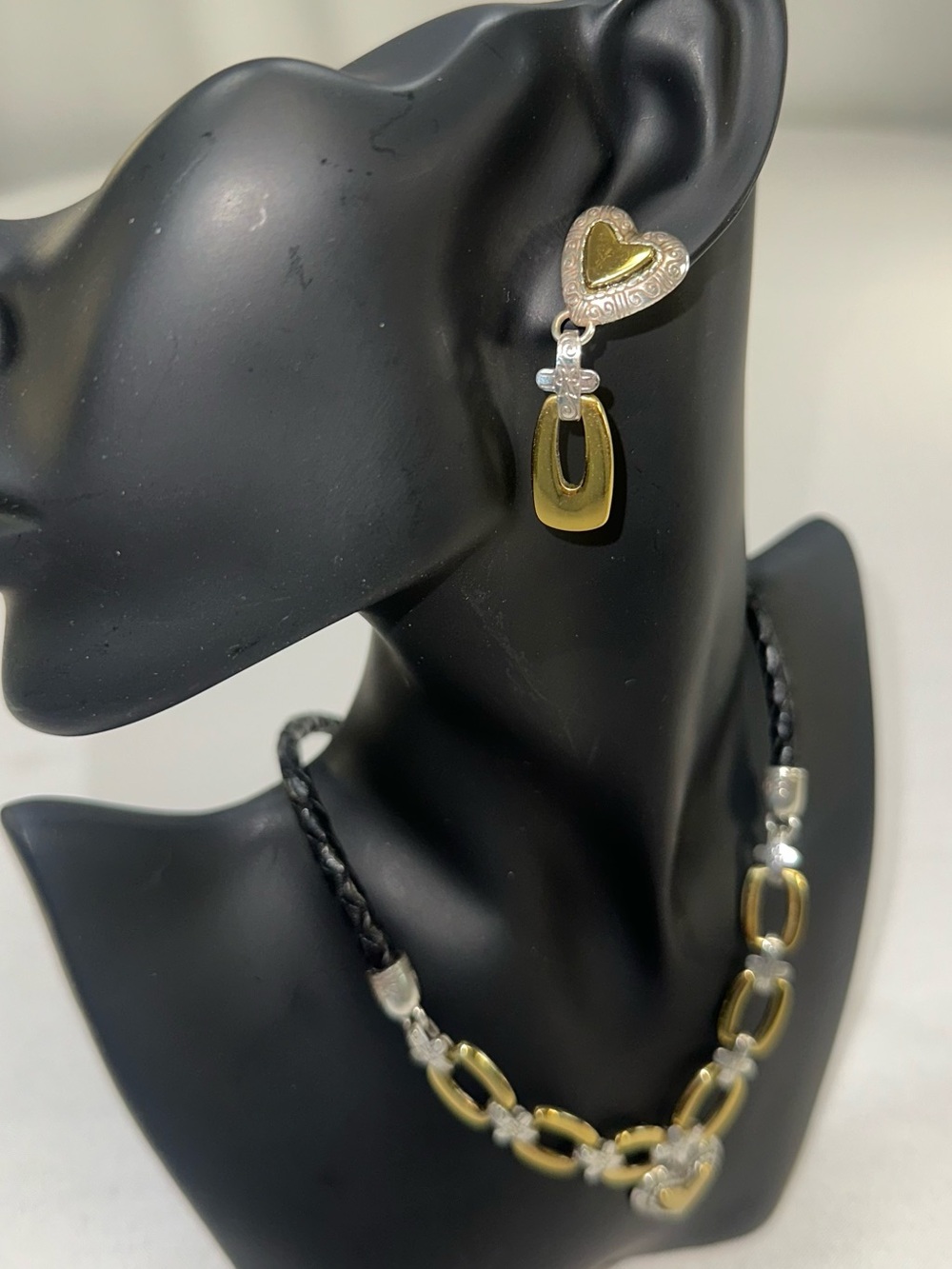 Brighton Two Tone Mixed Metal Heart Pendant Leather Necklace Earrings Set Vtg